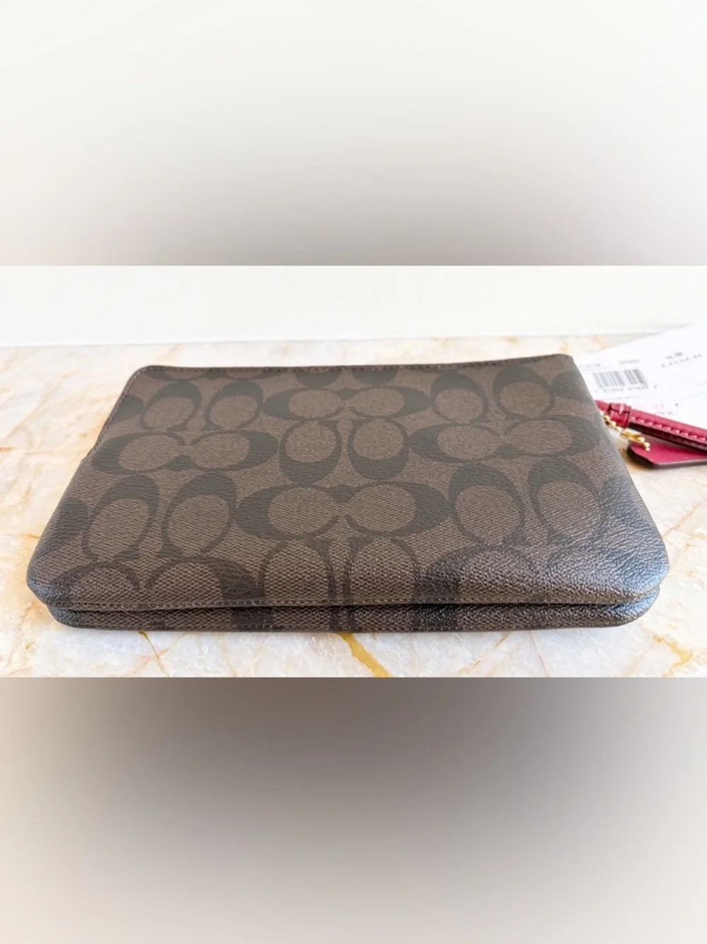 New COACH Signature Double Zip Wristlet Wallet w/ Magenta Pink Leather $175